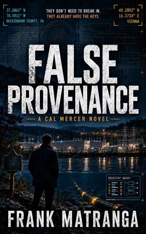 Cover of False Provenance, the third Cal Mercer novel: a figure by a river at night facing a lit industrial site.